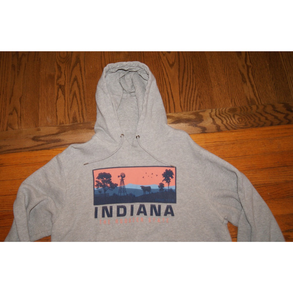 Indiana The Hoosier State - Farm Vintage Print Hoodie Sweatshirt - LARGE - GRAY - Picture 1 of 10